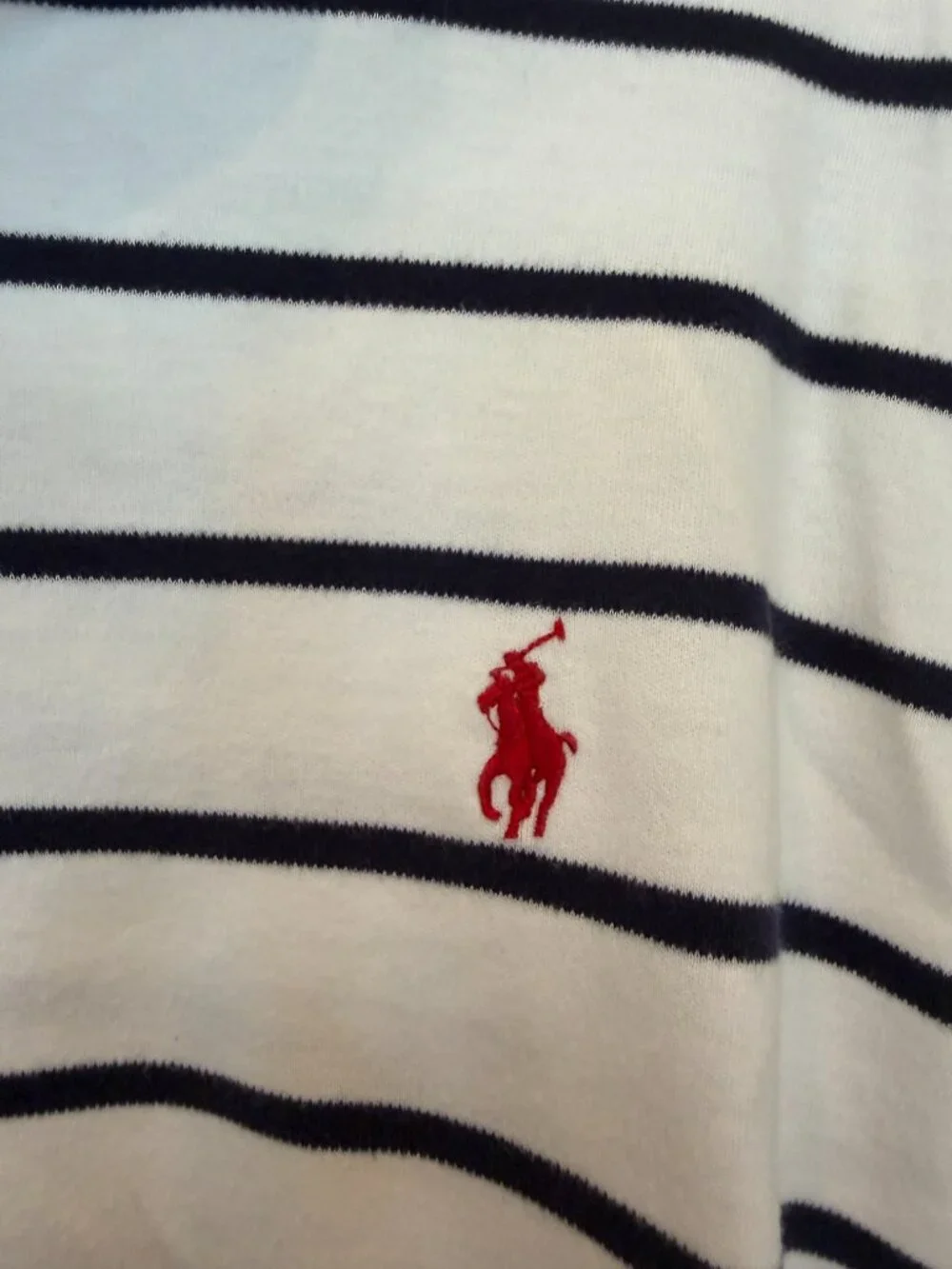 Polo Ralph Lauren White and Navy Striped Cotton Polo Shirt | Size M